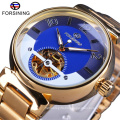 Forsining 177 Ocean Blue Dial Skeleton Display Watch Golden Stainless Steel Mens Automatic Watches Top Brand Luxury Clock